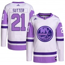 Men's Adidas New York Islanders Brent Sutter White/Purple Hockey Fights Cancer Primegreen Jersey - Authentic