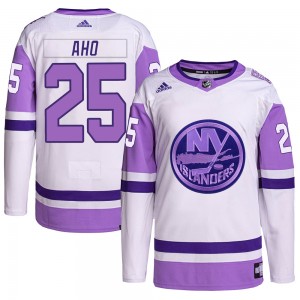 Men's Adidas New York Islanders Sebastian Aho White/Purple Hockey Fights Cancer Primegreen Jersey - Authentic