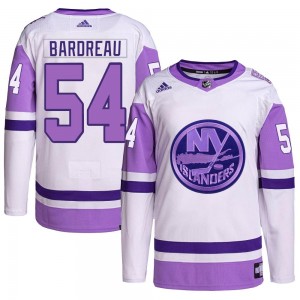 Men's Adidas New York Islanders Cole Bardreau White/Purple Hockey Fights Cancer Primegreen Jersey - Authentic