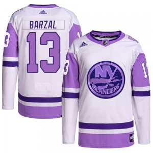 Men's Adidas New York Islanders Mathew Barzal White/Purple Hockey Fights Cancer Primegreen Jersey - Authentic