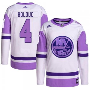 Men's Adidas New York Islanders Samuel Bolduc White/Purple Hockey Fights Cancer Primegreen Jersey - Authentic