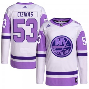 Men's Adidas New York Islanders Casey Cizikas White/Purple Hockey Fights Cancer Primegreen Jersey - Authentic
