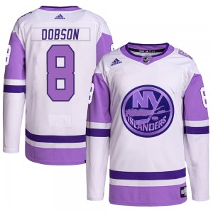 Men's Adidas New York Islanders Noah Dobson White/Purple Hockey Fights Cancer Primegreen Jersey - Authentic