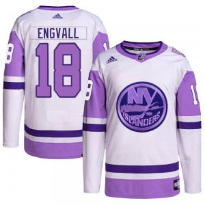 Men's Adidas New York Islanders Pierre Engvall White/Purple Hockey Fights Cancer Primegreen Jersey - Authentic