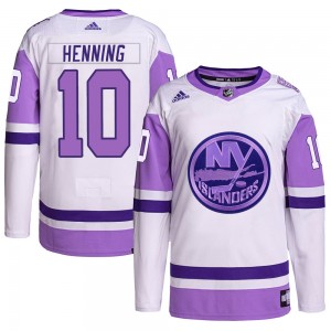 Men's Adidas New York Islanders Lorne Henning White/Purple Hockey Fights Cancer Primegreen Jersey - Authentic