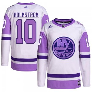 Men's Adidas New York Islanders Simon Holmstrom White/Purple Hockey Fights Cancer Primegreen Jersey - Authentic
