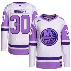 Men's Adidas New York Islanders Kelly Hrudey White/Purple Hockey Fights Cancer Primegreen Jersey - Authentic