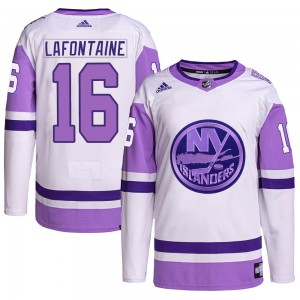 Men's Adidas New York Islanders Pat LaFontaine White/Purple Hockey Fights Cancer Primegreen Jersey - Authentic