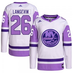 Men's Adidas New York Islanders Dave Langevin White/Purple Hockey Fights Cancer Primegreen Jersey - Authentic