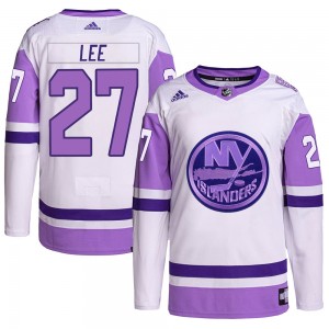 Men's Adidas New York Islanders Anders Lee White/Purple Hockey Fights Cancer Primegreen Jersey - Authentic