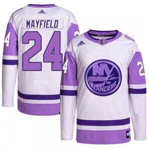 Men's Adidas New York Islanders Scott Mayfield White/Purple Hockey Fights Cancer Primegreen Jersey - Authentic