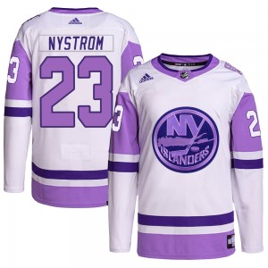 Men's Adidas New York Islanders Bob Nystrom White/Purple Hockey Fights Cancer Primegreen Jersey - Authentic