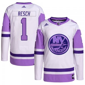 Men's Adidas New York Islanders Glenn Resch White/Purple Hockey Fights Cancer Primegreen Jersey - Authentic