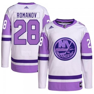 Men's Adidas New York Islanders Alexander Romanov White/Purple Hockey Fights Cancer Primegreen Jersey - Authentic