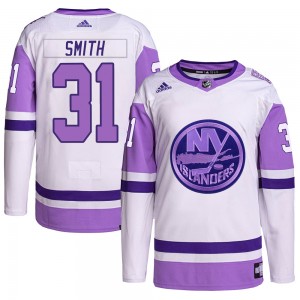 Men's Adidas New York Islanders Billy Smith White/Purple Hockey Fights Cancer Primegreen Jersey - Authentic