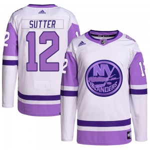 Men's Adidas New York Islanders Duane Sutter White/Purple Hockey Fights Cancer Primegreen Jersey - Authentic