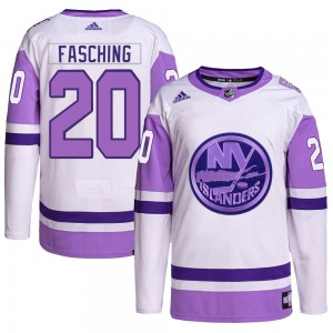 Youth Adidas New York Islanders Hudson Fasching White/Purple Hockey Fights Cancer Primegreen Jersey - Authentic