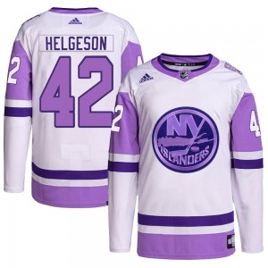 Youth Adidas New York Islanders Seth Helgeson White/Purple Hockey Fights Cancer Primegreen Jersey - Authentic