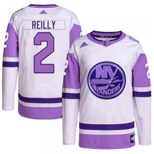 Youth Adidas New York Islanders Mike Reilly White/Purple Hockey Fights Cancer Primegreen Jersey - Authentic
